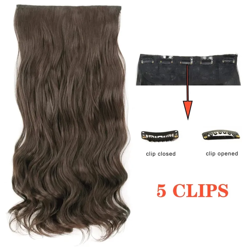 Synthetic Long Wave 5 Clips Hair Extensions Clips in High Temperature Fiber Black Brown Hairpiece