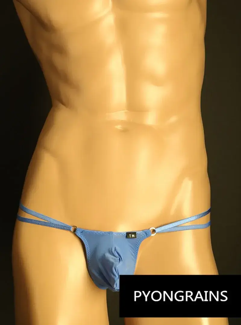 Men Adjustable Metal O-Ring Double Thin Strap Bikini Briefs Low Rise Silky Ice Silk 3D U Convex Pouch Sexy Male Underwear