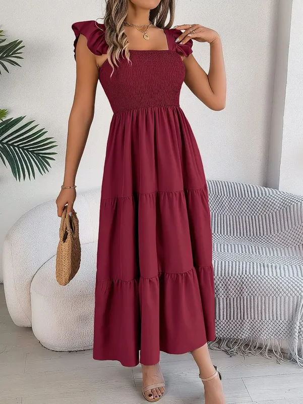 Msfilia Solid Sleeveless Square Collar A-Line Cinched Pleated Long Dress Women's Spring Summer Long Dresses