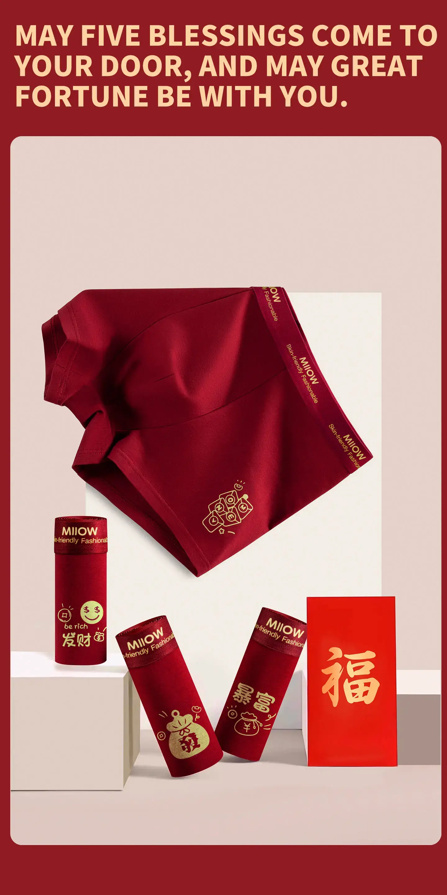 MiiOW 3Pcs Cotton Men Underwear 10A Antibacterial Crotch Men's Panties Breathable Skin-friendly Man Boxers Lucky Red Underpants