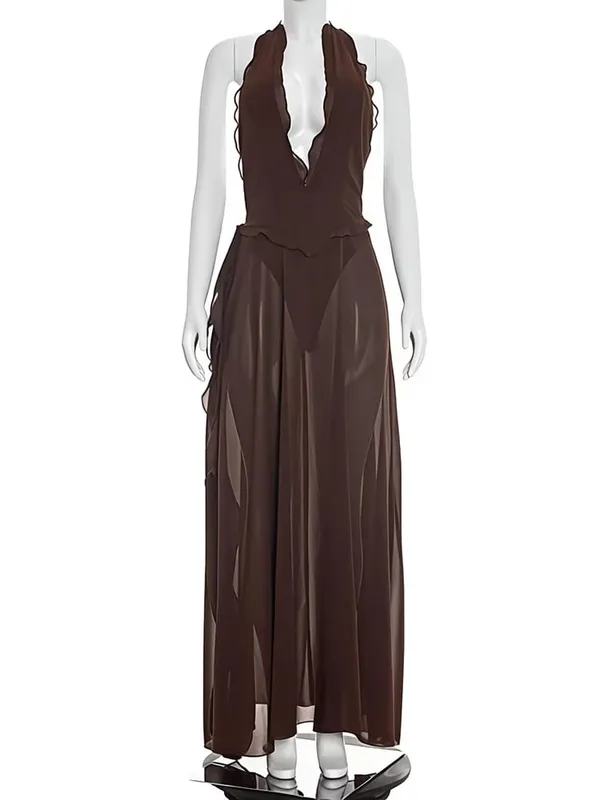 Mozision Halter Deep V λαιμόκοψη σέξι μάξι γυναικείο φόρεμα Κομψό αμάνικο ψηλό σχιστό κλαμπ φόρεμα για πάρτι