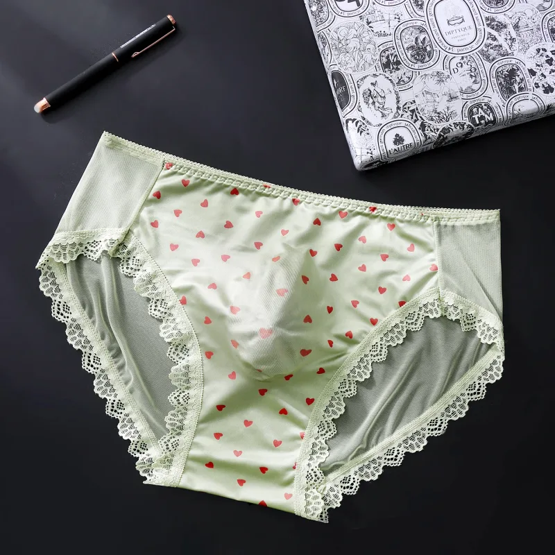 Sexy Lace Mens Briefs 3D Pouch Floral Edge High Elastic Sweet Heart Bow Print Mesh Splicing Underwear