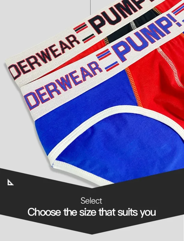 Men's Cotton Color Block Briefs, Pump! Logo Wide Waistband Low Rise Sexy 3D Convex Pouch Underwear 3256813080433415