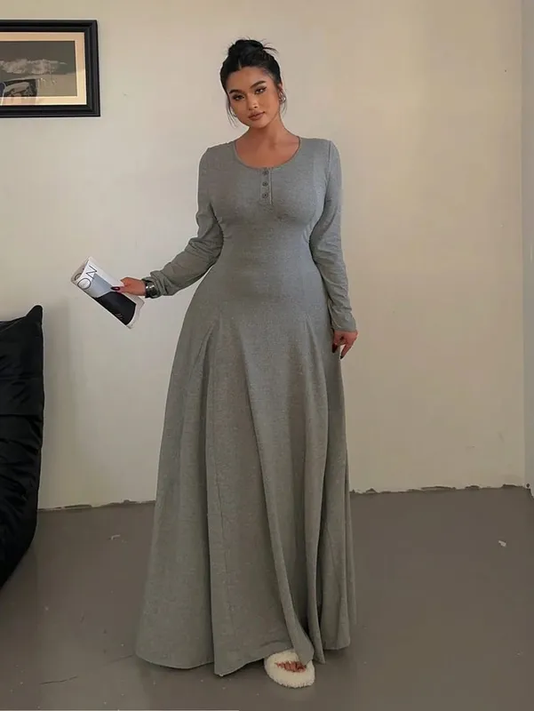 Nagyméretű egyszínű kötött elegáns A-vonalú Flowy maxi ruha | Női hosszú ruha | Alkalmi és ingázó stílus