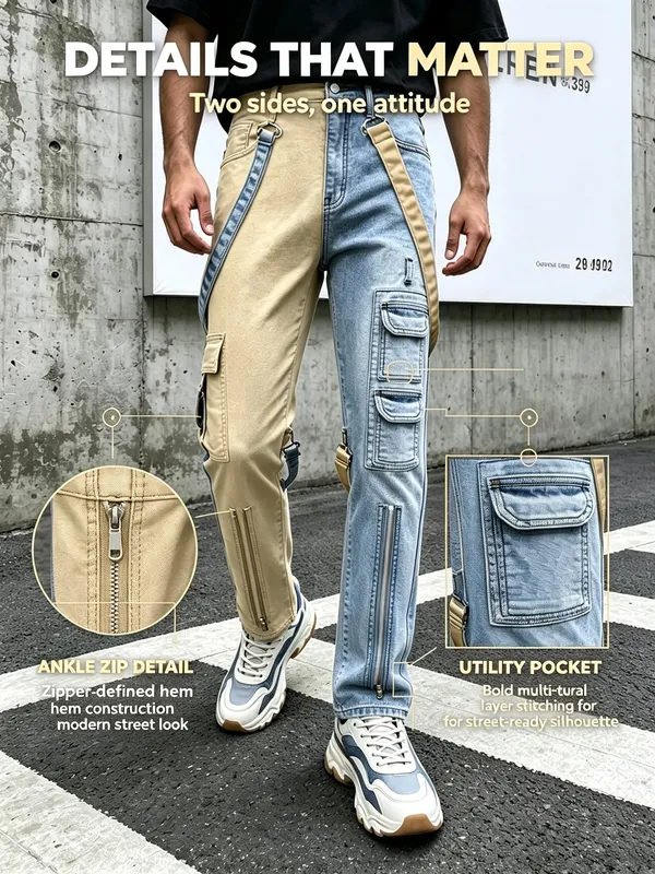Y2K τζιν για άντρες Techwear ρετρό παντελόνι Cargo Παντελόνι τζιν με μπότα με ανοιχτόχρωμο λουράκι με αντίθεση