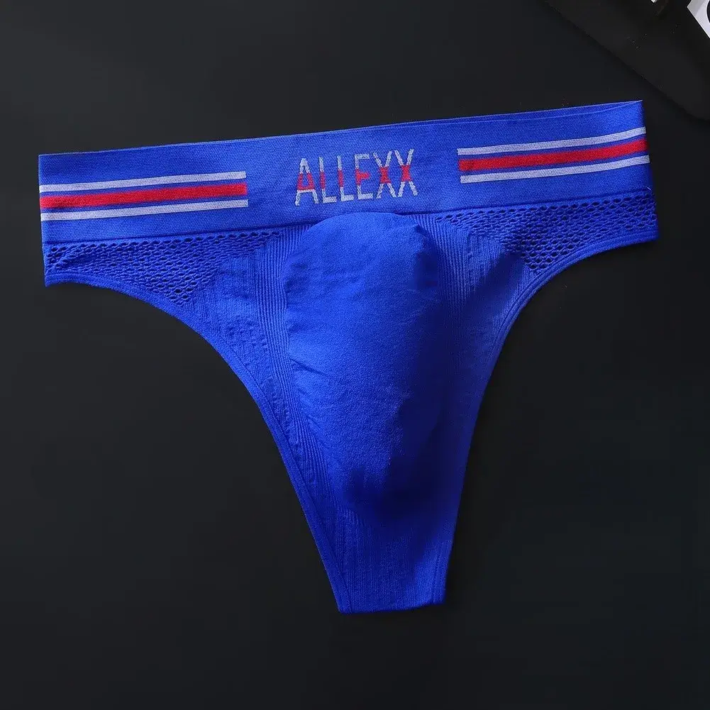 1pc Men's G-String Underwear 3D Bulge Pouch Striped Letter Printing Briefs Elastic Mesh Breathable Comfortable Thongs