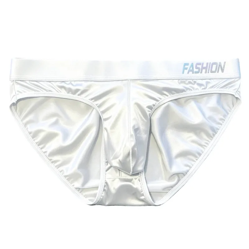 Men Glossy Satin-like Smooth Brief Ice-Silk Hip Wrap LargePouch Satin Silky Briefs Low Waist Gradient Letter Glossy Underwear