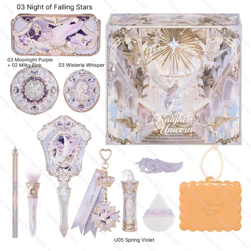 Flower Knows Full Kit Μακιγιάζ Πολυτελές κουτί δώρου Παλέτα σκιών ρουζ Κρέμα για τα χείλη καθρέφτης χεριών Κρεμαστό τσάντα με κλιπ μαλλιών