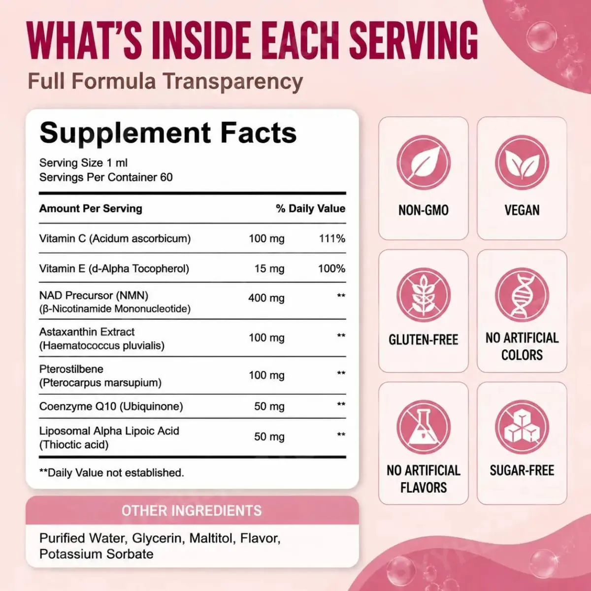 Docteat Astaxanthin+ NAD+ Precursor Liquid Υποστηρίζει την κυτταρική διατροφή και τον ενεργειακό μεταβολισμό Αντιοξειδωτική Βάση ζωτικότητας 60 Ml