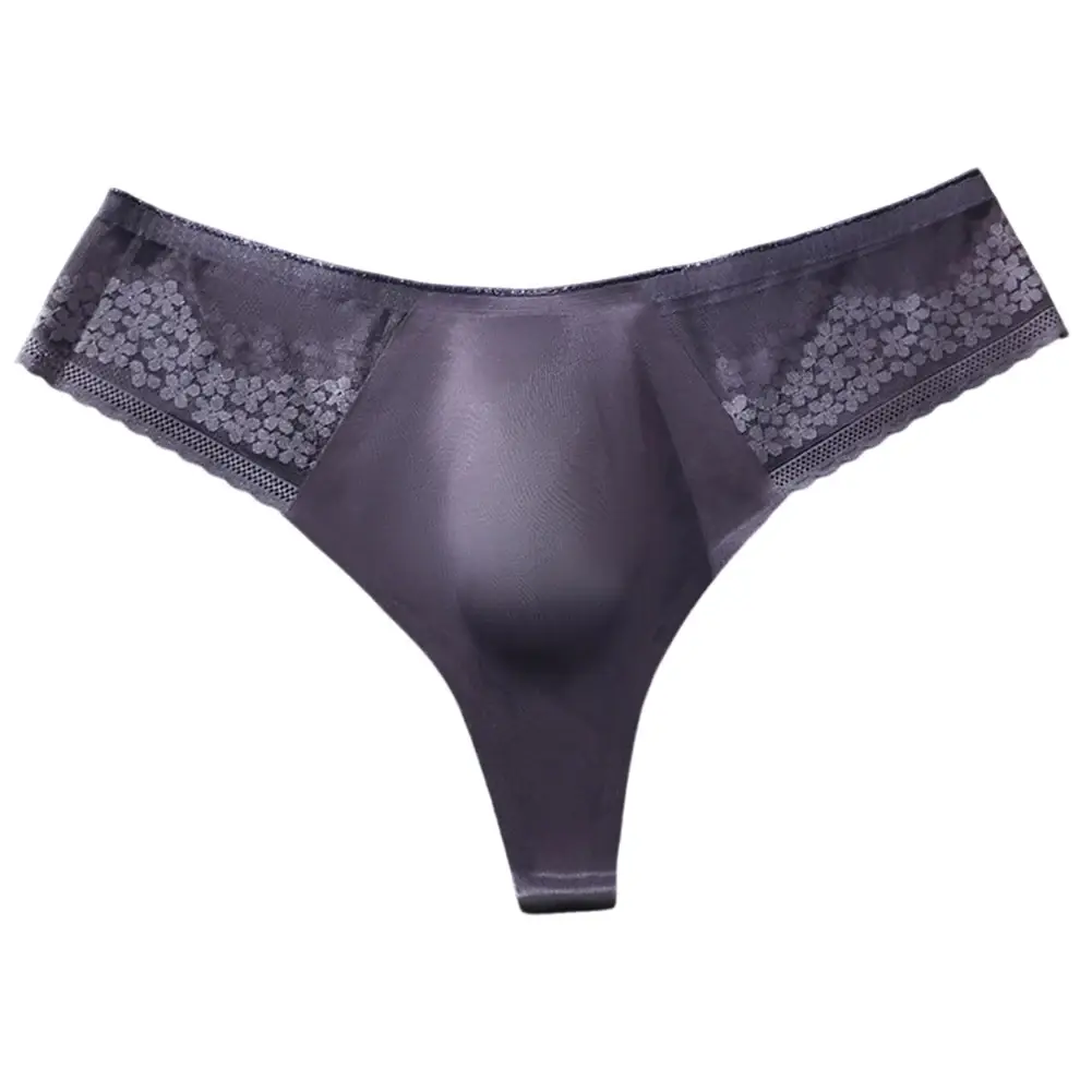 Breathable Men's Lace G-String Underwear Featuring Thin Seamless Ice Silk Fabric with 3D Bulge Pouch and Solid Color Design