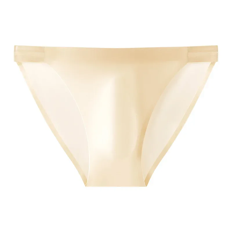 Satin Smooth Briefs Men Sexy Seemless Bulge Pouch Underwear High Stretch Thin Ice Silk Underpant Male Solid Mid Waist Panties