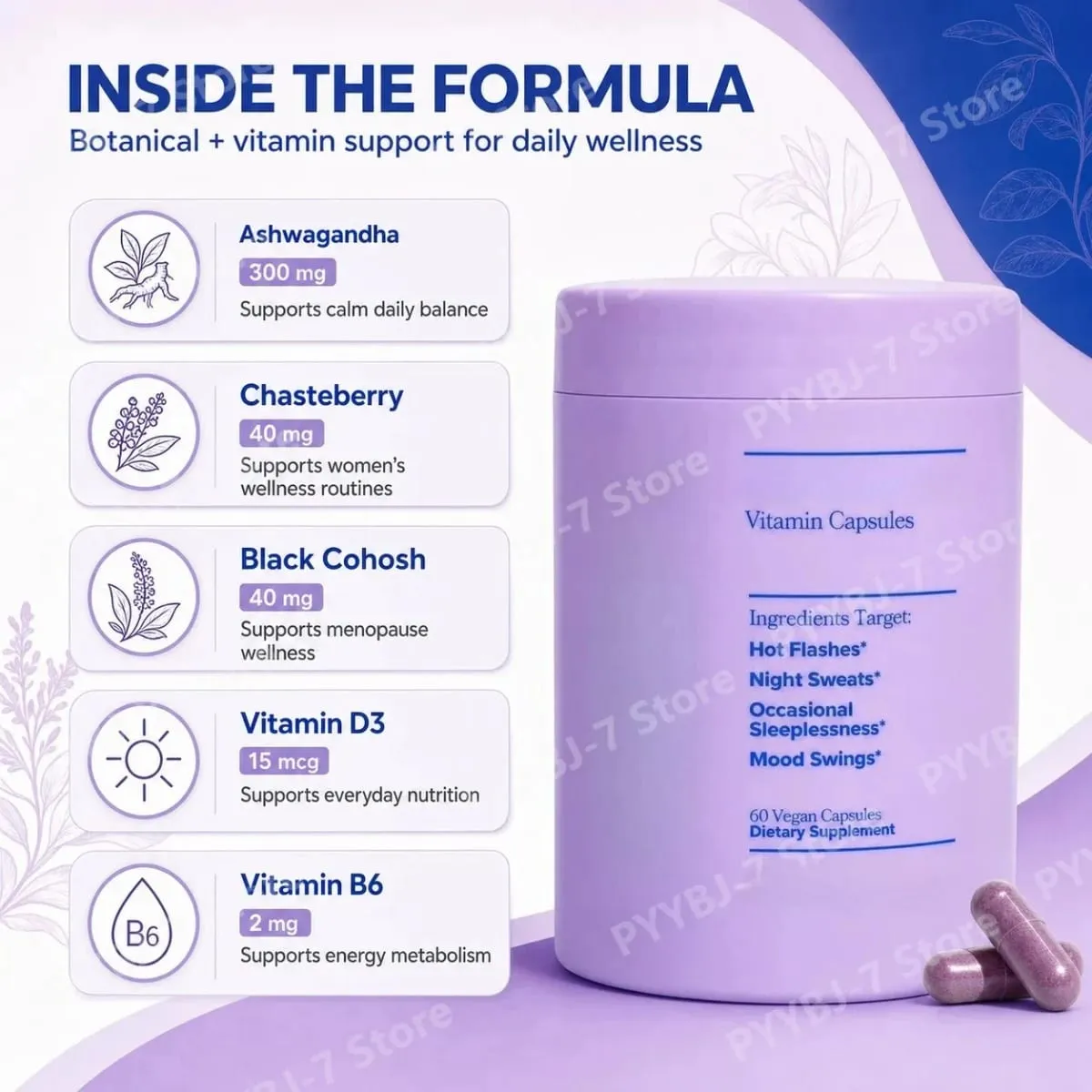 Women Complex Vitamins with Vitamin D3 B6 Menopause Use Helps Relieve Night Sweats Mood Swings Health Food Supplement 60 Pieces