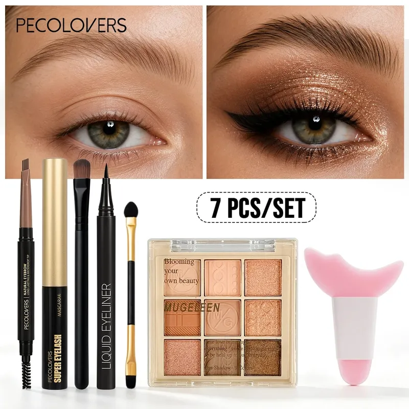 Παλέτα σκιών ματιών 7 τμχ σετ ματιών + eyeliner + μάσκαρα + μολύβι φρυδιών με διπλό άκρο που ταιριάζει με εργαλεία μακιγιάζ Eye highlighter