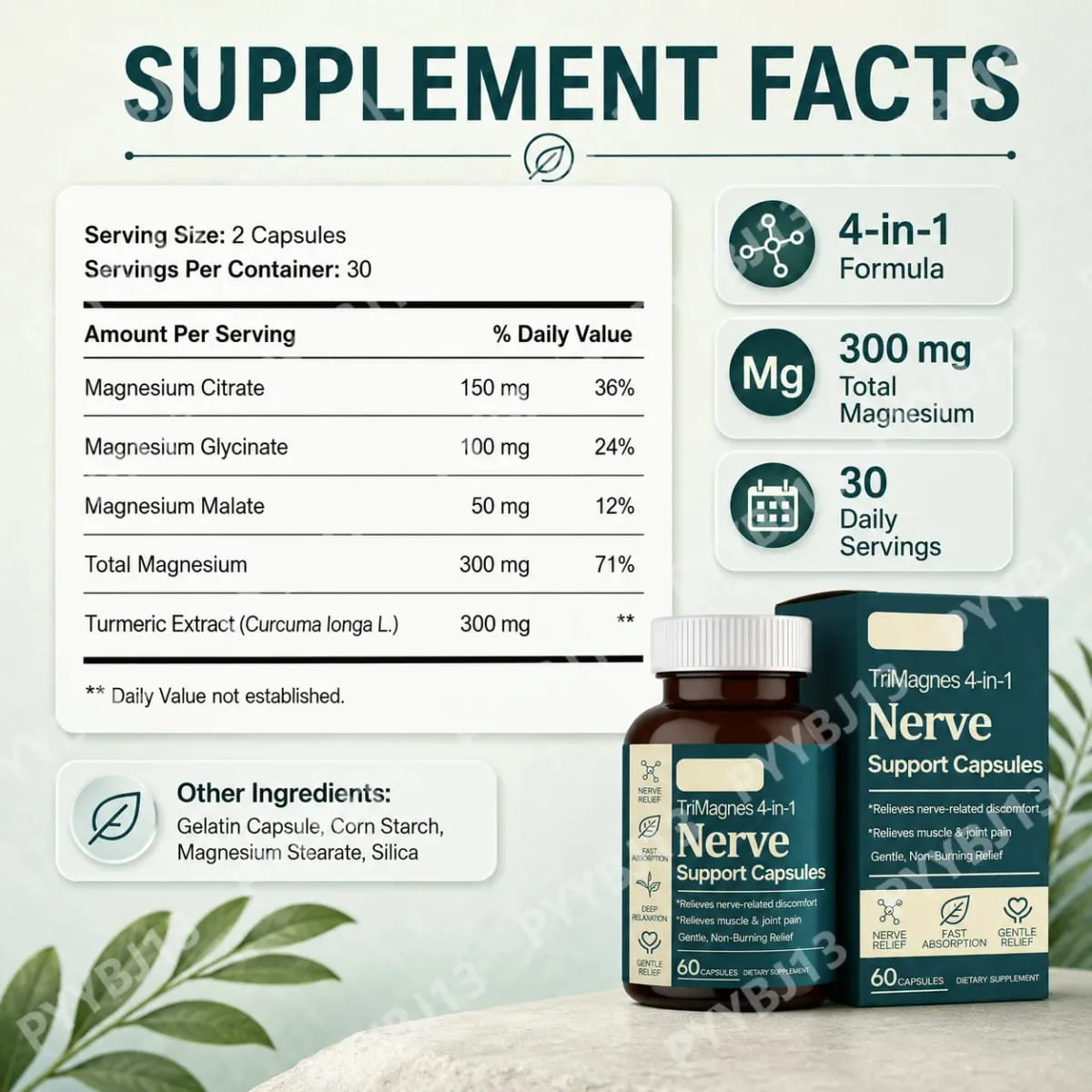 4-in-1 Magnesium Nerve Support Capsules na may Citrate Glycinate Malate at Turmeric Extract na 60 CT Fast Absorption Formula