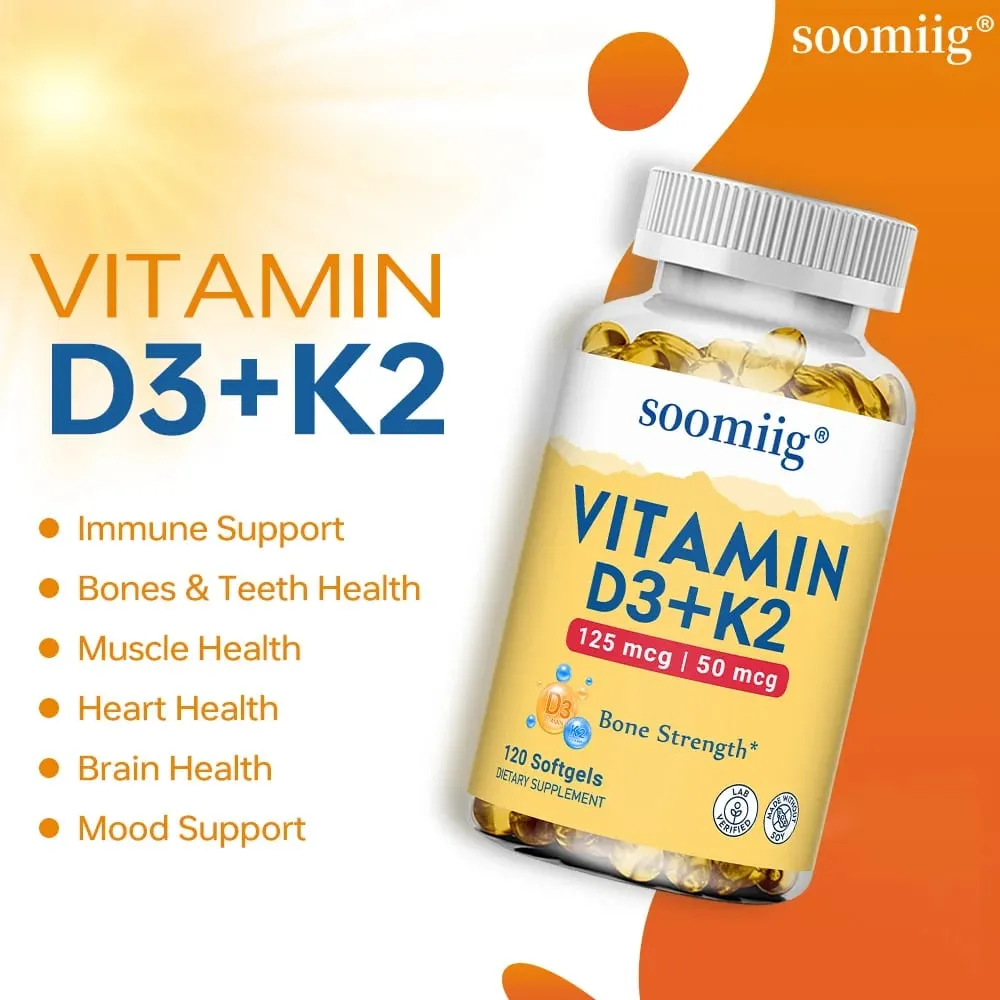 Vitamin D3+K2 Capsules 5000IU 120pcs Bone & Immune Support Vegan Συμπλήρωμα για ακρίβεια των οστών και γενική υγεία
