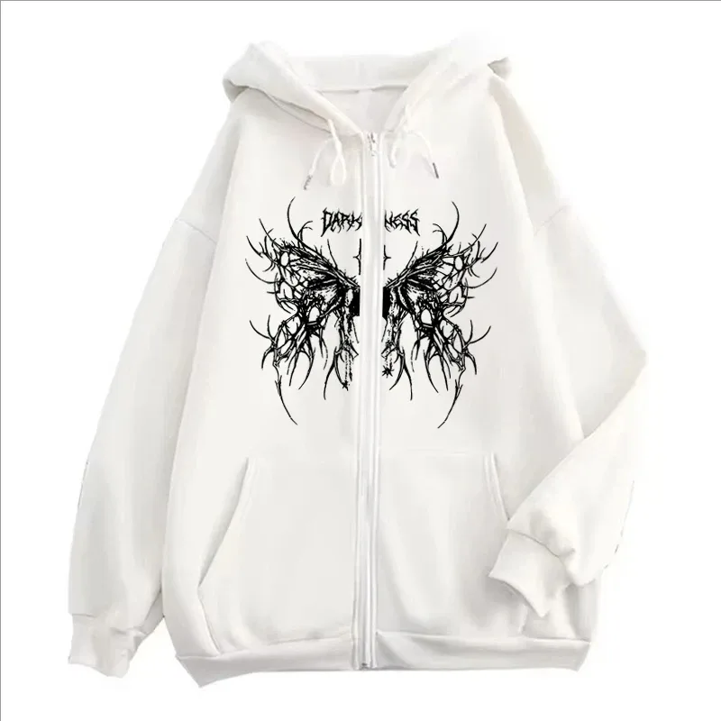 Men Gothic Dark Angel Zipper Hoodie Women Vintage Fashion Streetwear Y2K Hip Hop Long Sleeve Fleece Sweatshirts Jacket Coat
