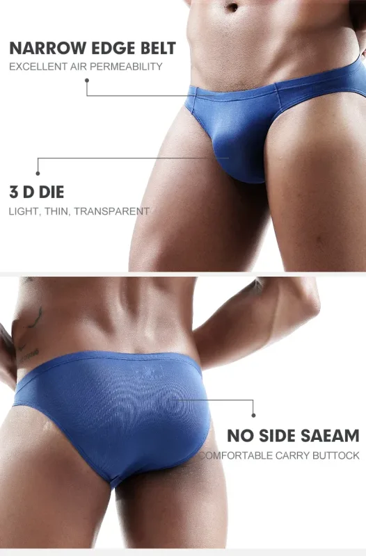 2PCS Men's Underpants Ice Silk Breathable Sexy Thin U Convex Transparent One Piece Low Waist Triangle Shorts Head