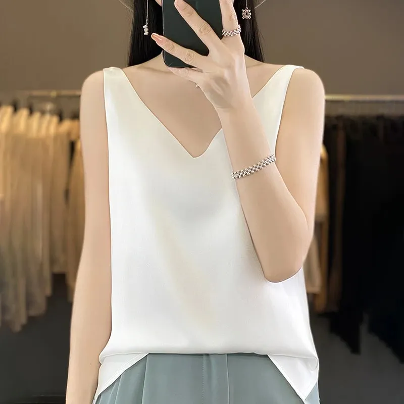 Νέο Lce Silk Satin Camisole Γυναικεία Άνοιξη/Καλοκαίρι μονόχρωμο αμάνικο σέξι άνετο μεταξωτό εσώρουχο RW-D09