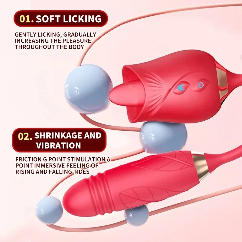Rose Licking Vibrator for Women Telescopic Dildo Powerful Thrusting Vagin Massager Tongue Clitoris Stimulation Adult Sex Toys