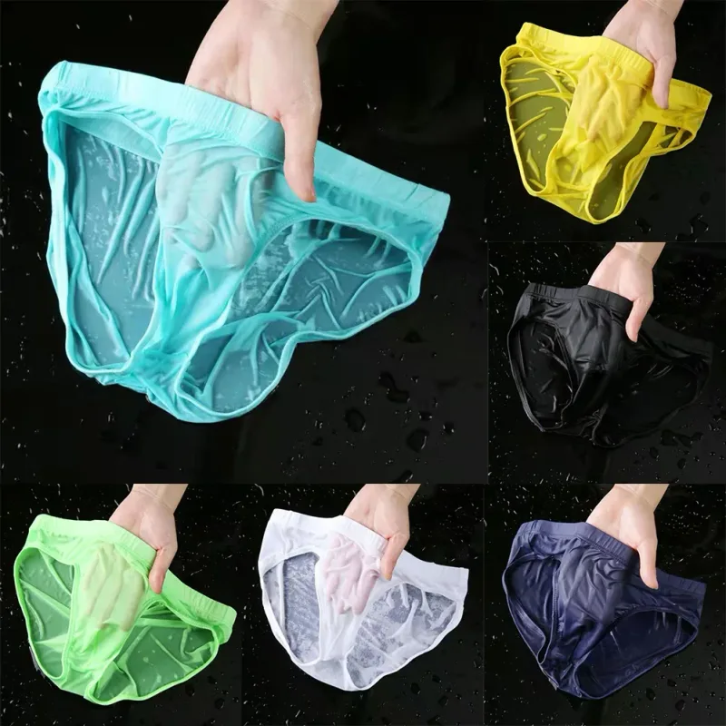 Men Sexy Sheer Ice Silk Briefs Underwear Quick-Dry U Convex Pouch Breathable Low-Waist Underpants Summer Cooling