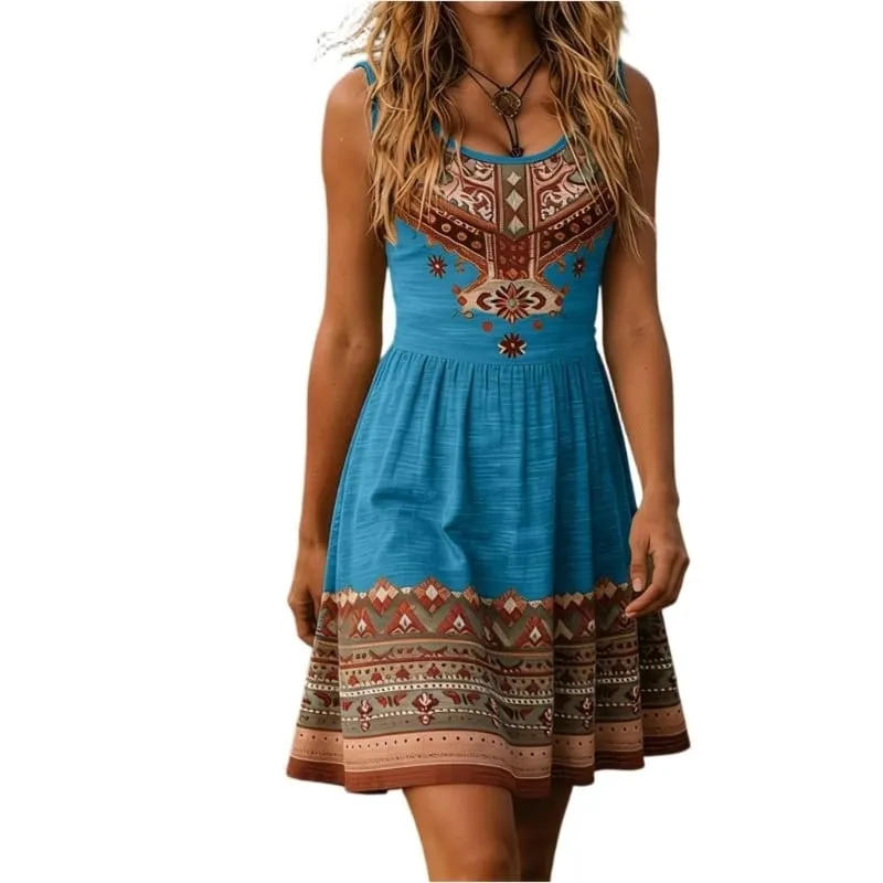 Dresses for Women Floral Print Waist Sleeveless Dress Wide Strap Smocked Short Bohemian Dress