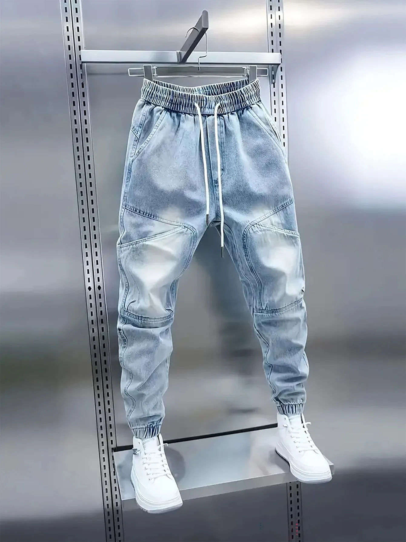Férfi új húzózsinóros derékrész világoskék mandzsettás baggy farmer