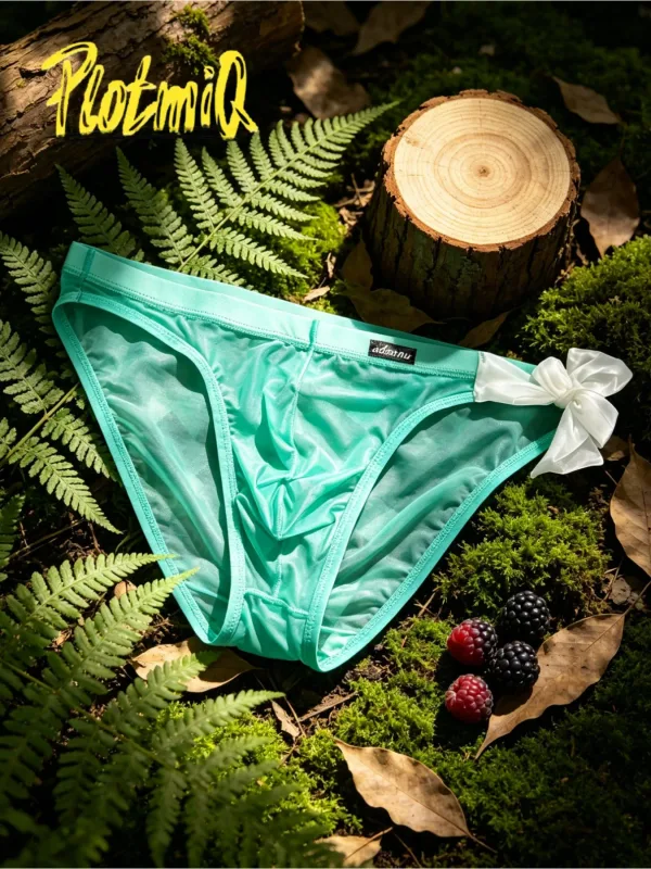 1PCS Mens Sheer Mesh Bikini Briefs Bright Yellow See Through Fabric Decorative White Bow U Convex Pouch Low Rise Male Underwear