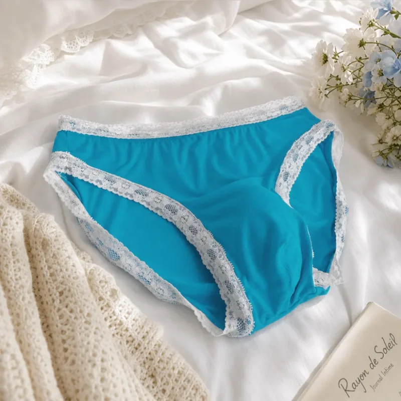 Breathable Ice Silk Men's Underwear Lingerie Low Waist Men's Lace Trim Briefs Panties U-Convex Pouch Brief Youth