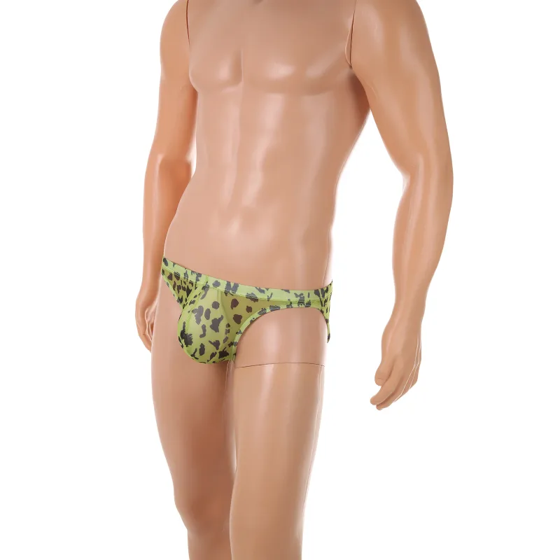 Men Sexy Briefs Underwear Mesh Sheer Ultra-Thin Underpants Big Penis Pouch See Through Panties Leopard Bikini