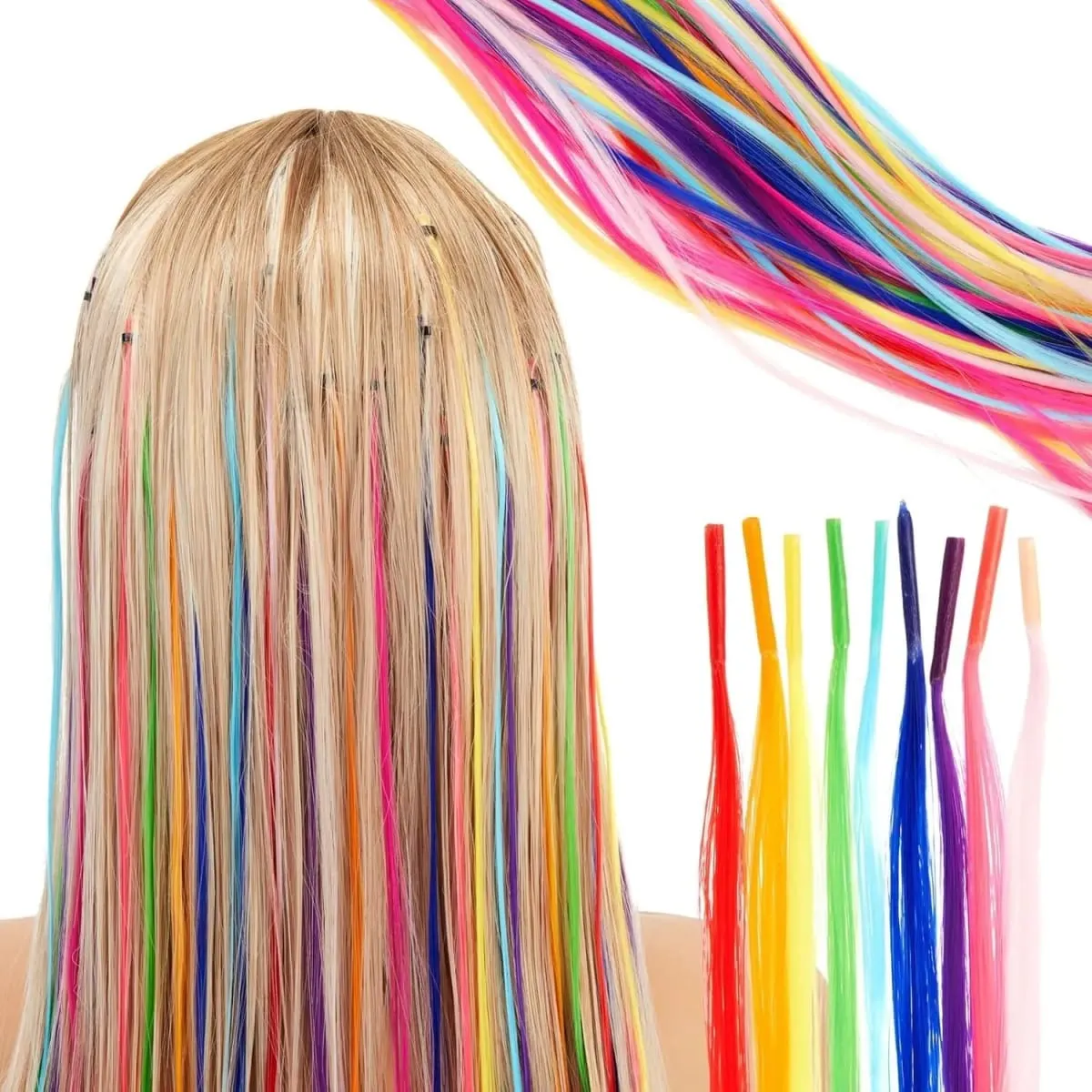 20" Rainbow Synthetic Hair Extensions Kit 10PCS Colored I-Tip Extensions with Micro Beads Hook Needle for Women Kids Cosplay