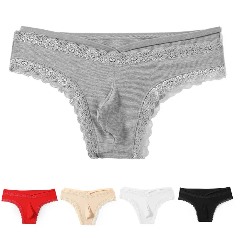 Men Lace Rrim Sissy Gay Seamless Briefs Underwear Mid Waist Bulge Pouch Lingerie Solid Men's Lace Edge Lingerie