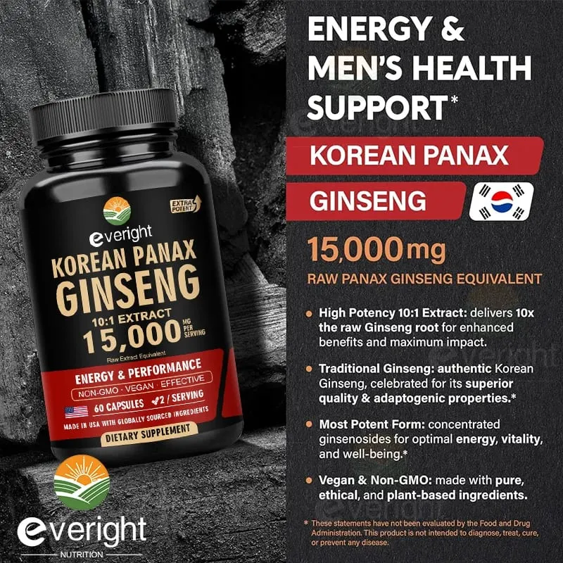 Red Korean Ginseng Supplement for Men - Extra Strength 10:1 Extract - Energy Focus Productivity Performance - Natural & Vegan
