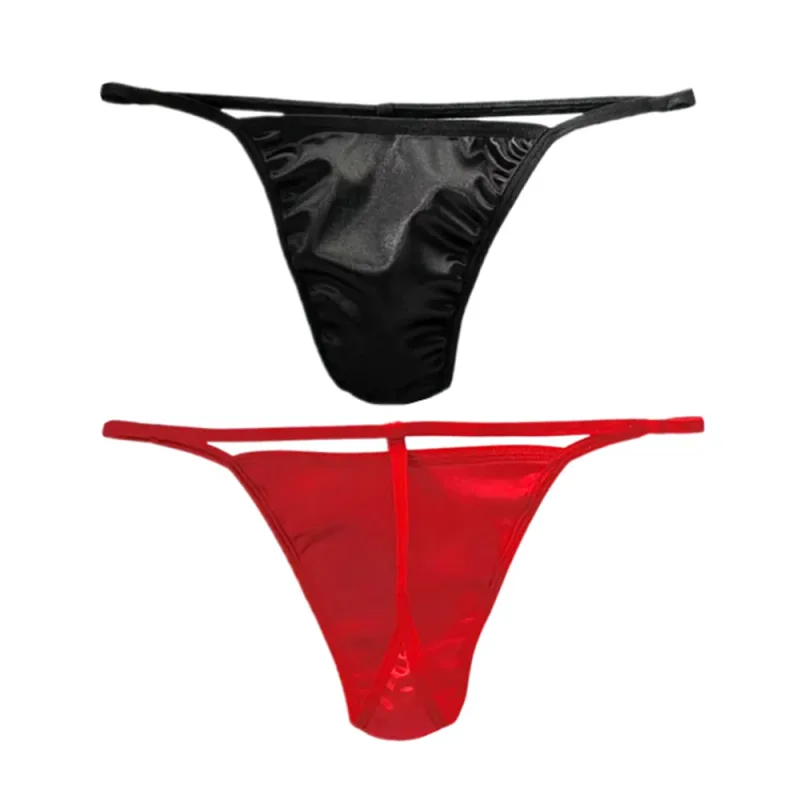 2PCS Men's T-back Thong Sexy Thin Strap Glossy Ice Silk Underwear Male U Convex Night Bikini Low Waist Plus Size Satin G-strings