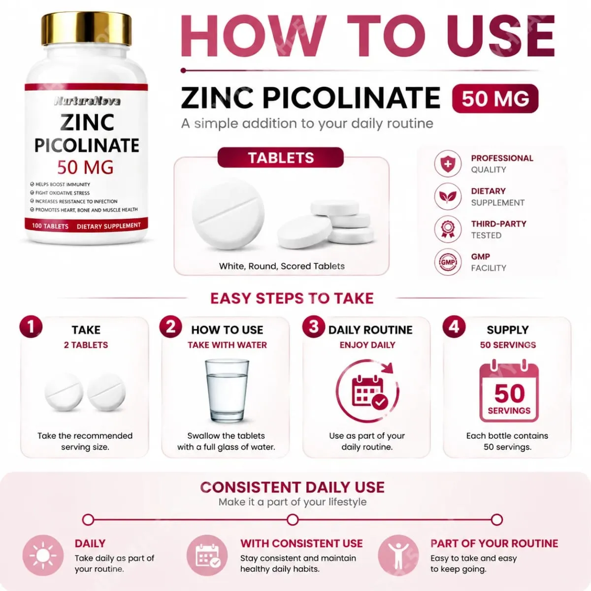 Zinc Picolinate Tablets for Antioxidant Support Bone and Muscle Wellness Daily Mineral Supplement for Adults 100 Tablets
