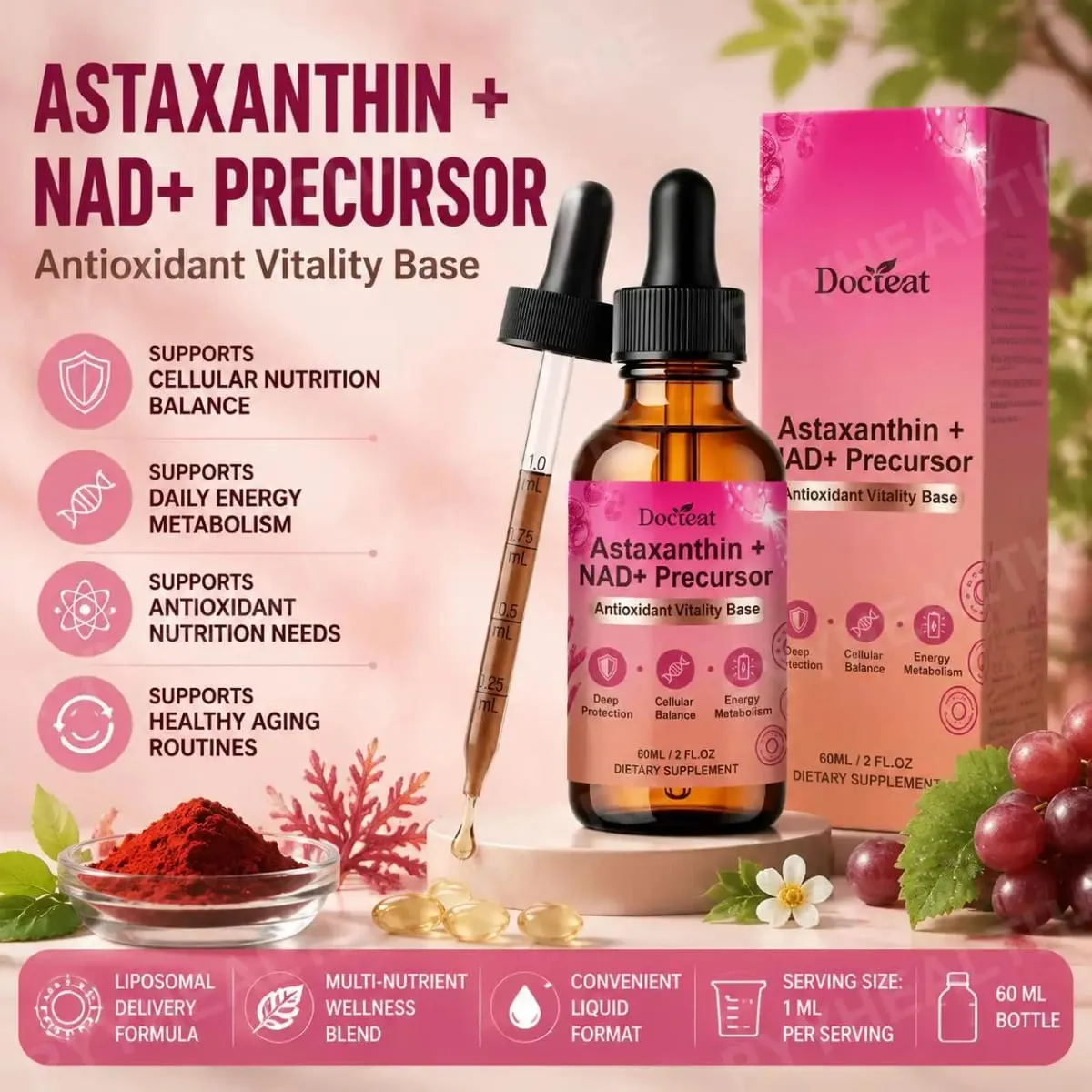 Docteat Astaxanthin+ NAD+ Precursor Liquid Υποστηρίζει την κυτταρική διατροφή και τον ενεργειακό μεταβολισμό Αντιοξειδωτική Βάση ζωτικότητας 60 Ml