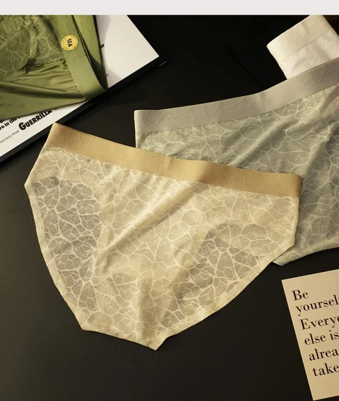Men Triangle Underwear Ice Silk Thin Breathable Panties Quick Drying Briefs Male Sexy U Bulge Pouch Underpant Lace Leopard Print