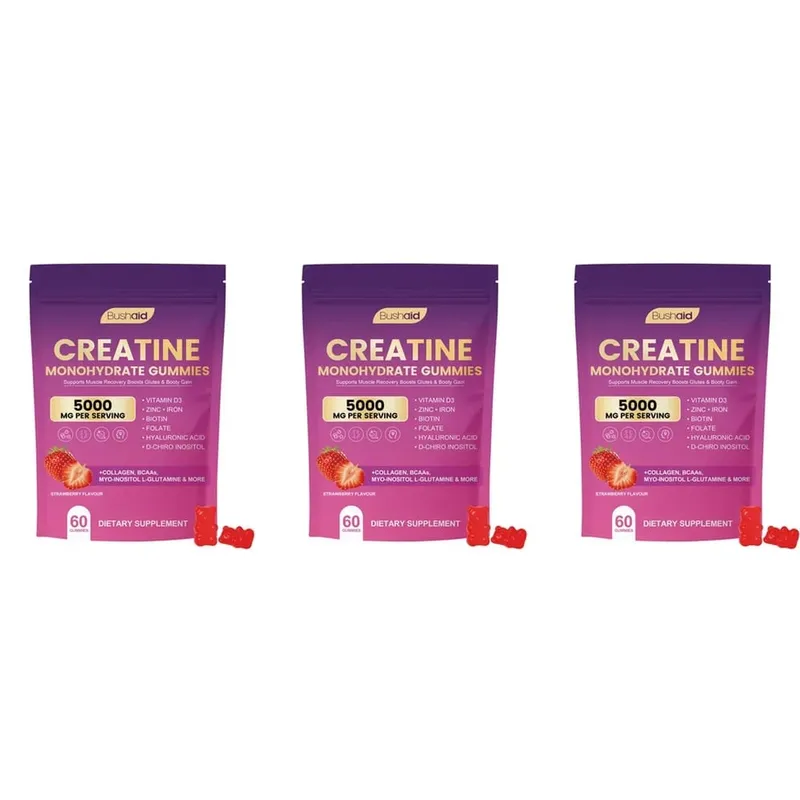 BushAid Creatine Monohydrate Gummies για μυϊκή αποκατάσταση μετά την προπόνηση με Multi-Collagen Blend BCAA and Zinc 60 Gummies