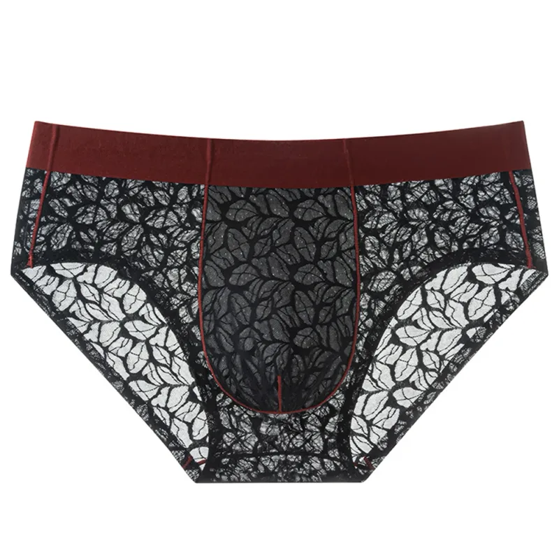 Men Ice Silk Ultra-thin Brief Underwear Seamless Lace Jacquard Breathable Pantie 3D Bulge Pouch Transparent Mesh Lingerie