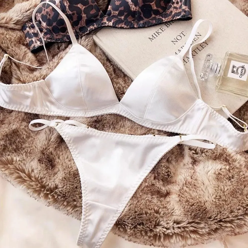 French Style Women Satin Triangle Cup Bra Set Thin Wireless Seamless Sexy Lingerie Light Support Comfort Brassiere Underwear