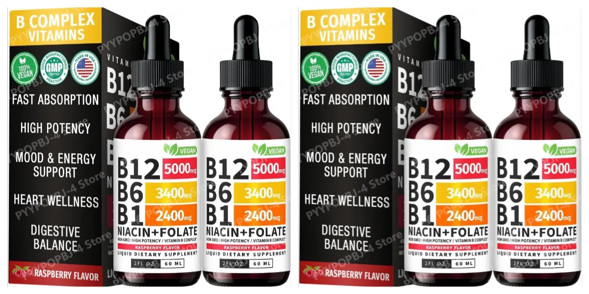 Vitamin B12 B6 Tetes Cair 60Ml B Kompleks dengan B1 Niacin Folat Raspberry Suplemen Kesehatan Harian Vegan 40 Porsi Dewasa