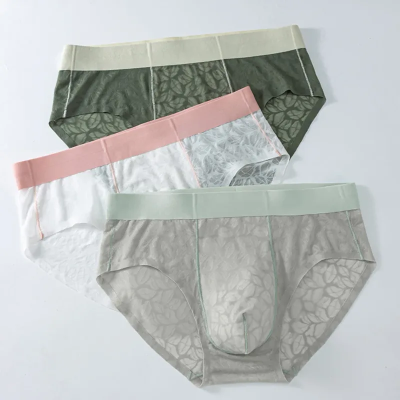 Men Ice Silk Ultra-thin Brief Underwear Seamless Lace Jacquard Breathable Pantie 3D Bulge Pouch Transparent Mesh Lingerie