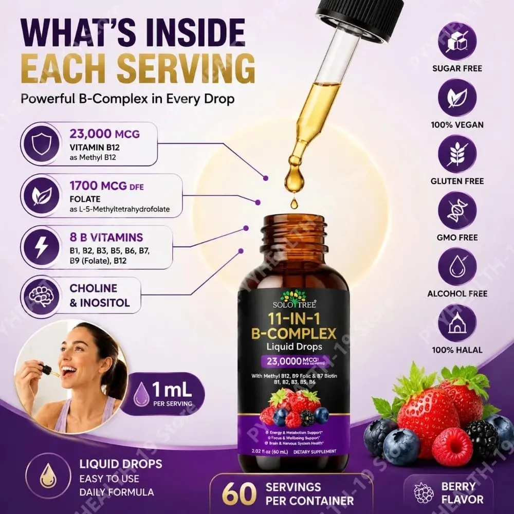 B-Complex Liquid Drops 11-in-1 Methyl B12 Folate Biotin Para sa Energy Focus at Brain Nervous Support Formula Pang-adulto 60ml