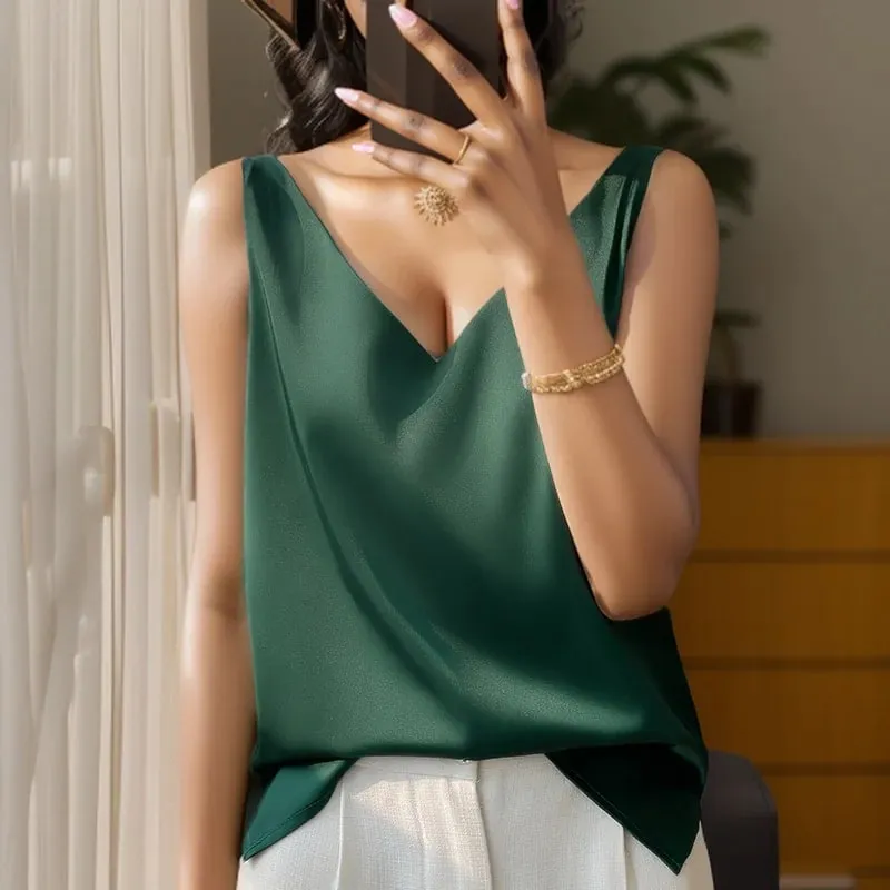 Νέο Lce Silk Satin Camisole Γυναικεία Άνοιξη/Καλοκαίρι μονόχρωμο αμάνικο σέξι άνετο μεταξωτό εσώρουχο RW-D09