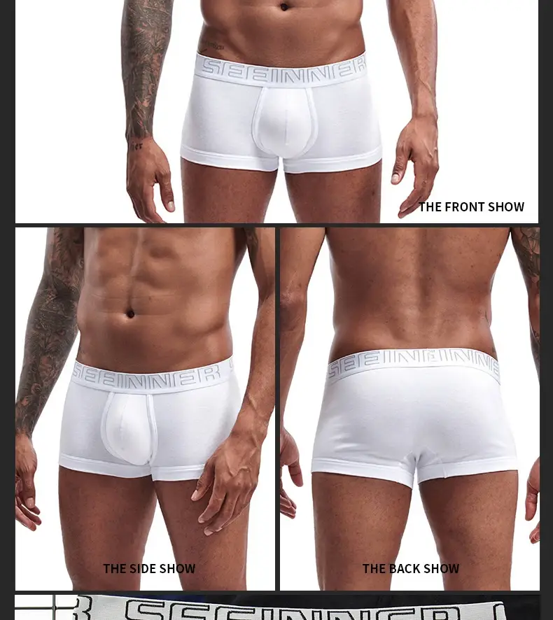 Seeinner Mens Boxer กางเกงขาสั้นผ้าฝ้าย U กระเป๋านูนชุดชั้นในนุ่มสบายกางเกง Cueca Masculina M-XXL สีดำสีขาวสีเทา