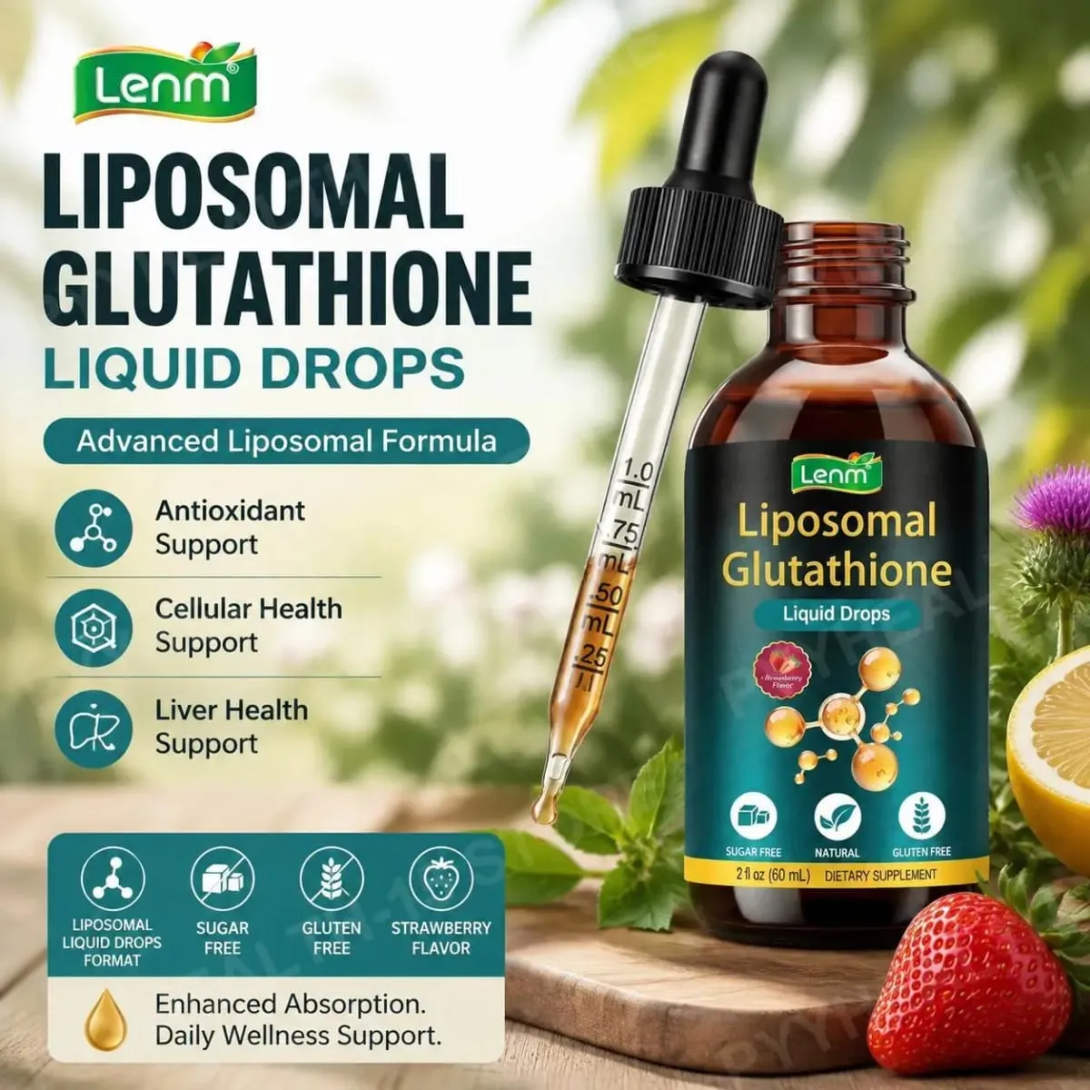 טיפות נוזלי של Lenm Liposomal Glutathione לתמיכה נוגדת חמצון בסלולר ובכבד עם NAC ויטמין C טעם תותים 60 מ"ל