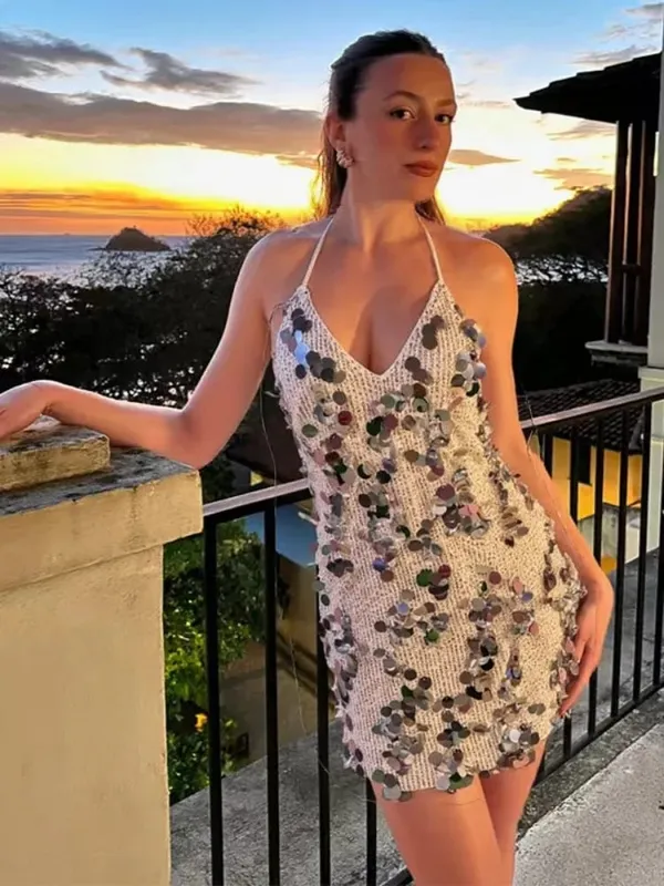 Γυναικεία Solid Sequin Μίνι Φόρεμα Halter Neck Deep V Neck Bodycon Αμάνικα Sparkly Vestidos Formal Club Party Cocktail Dresses Νέο