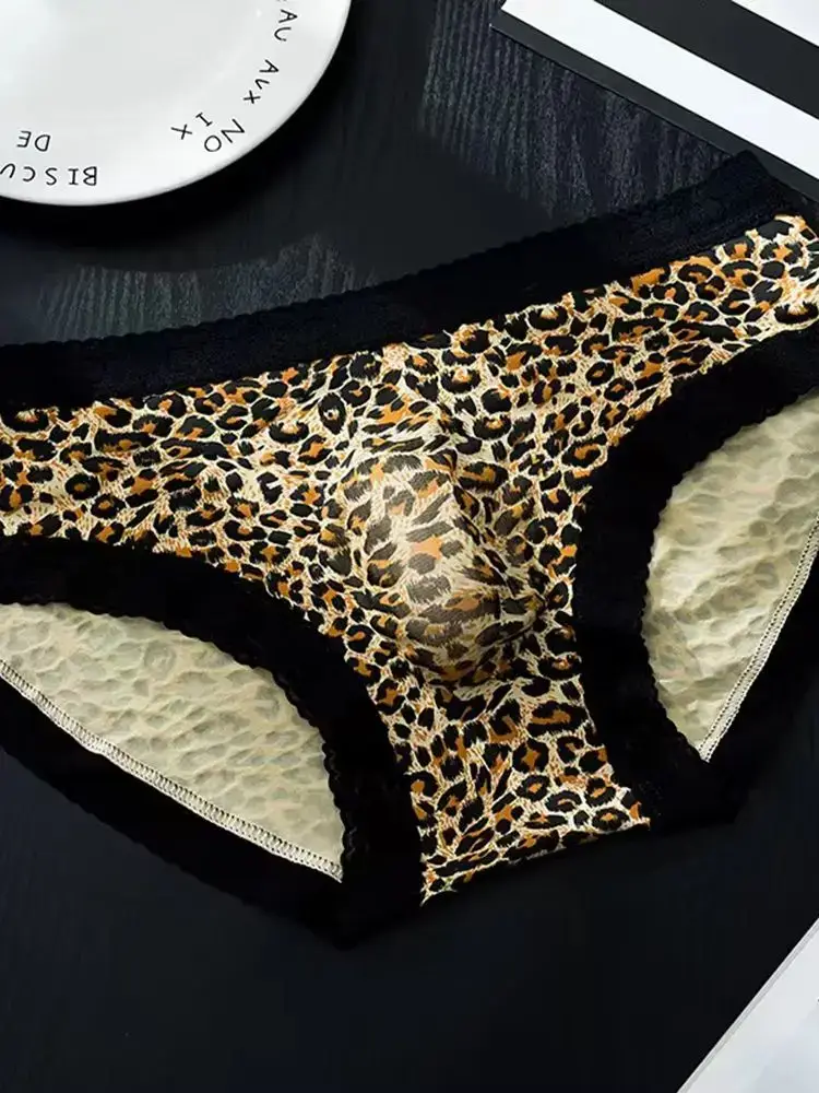 Men's French Lace Briefs Sexy 3D U Convex Pouch Underpant Summer Thin Ice Silk Breathable Underwear Low-rise See Through Panties