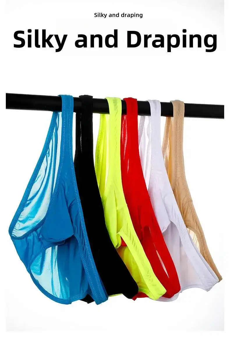 Men's Ice Silk Briefs Sexy Low-Rise U-Pouch Underwear Summer Ultra-Thin Breathable Smooth Panties Quick-Dry Cool Swimming Briefs