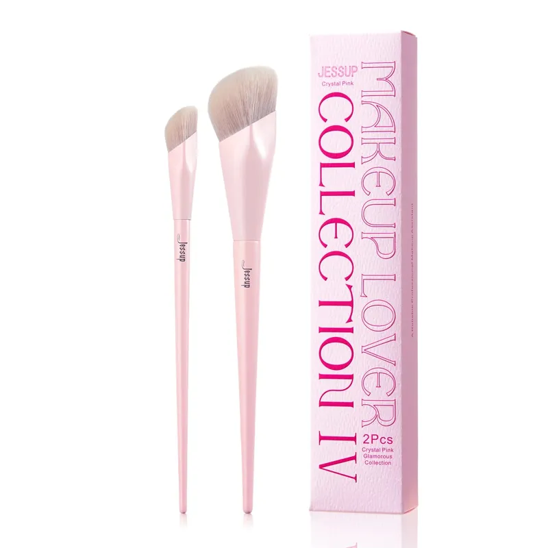 Jessup Kuas Foundation dan Kuas Concealer Set Kuas Makeup Merah Muda 2 Buah Kuas Wajah Sintetis Premium Makeup T497