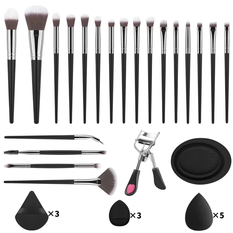 33 Buah Kit Alat Rias 20 Kuas Rias dengan Mangkuk Pembersih Puff Bedak Set Rias Mata Wajah Penuh Penjepit Bulu Mata